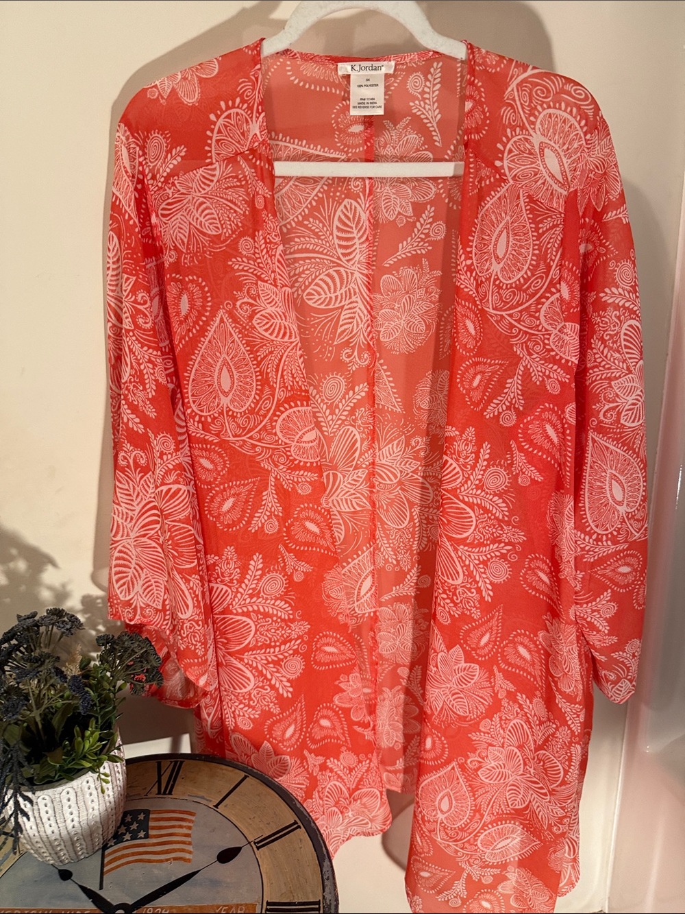 K Jordan Coral & White Paisley Open-Front  Sheer Cover for beach pool or Dress